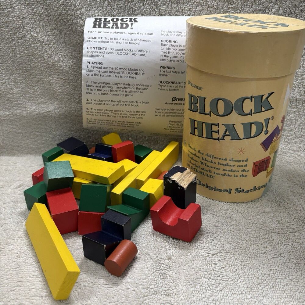 Pressman Blockhead Stacking Game Wooden Blocks Cracker Barrel 2001 Complete READ